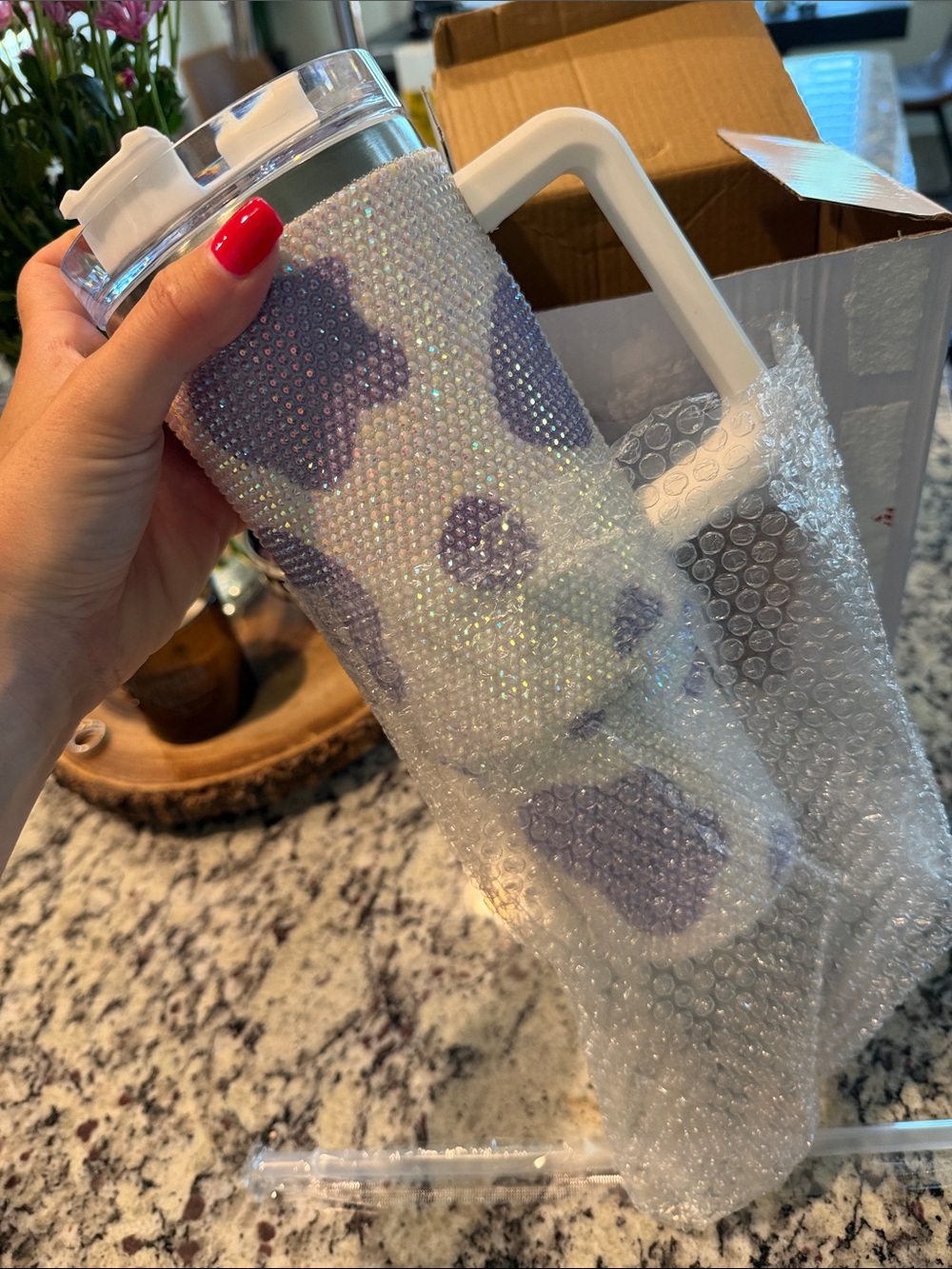 Iridescent Crystal Cow Print Tumbler - Lavender & White